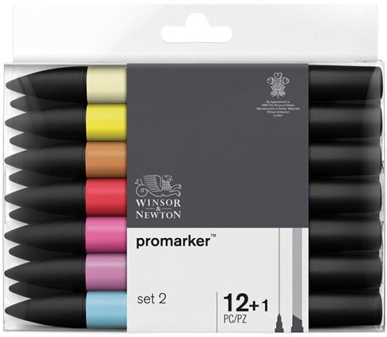 Набор художественных маркеров двухсторонних Winsor&newton Pro, пулевидный/скошенный, 2мм/7мм, 12цв.+1 блендер
