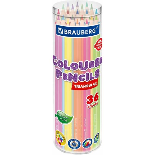 фото Карандаши цветные brauberg premium 36 цветов, трехгранный корпус, мягкий грифель 3,3 мм, упаковка пластиковая туба, 181934