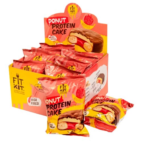 протеиновое печенье protein donut пончик клубника банан Печенье FITKIT Protein Donut, 800 г, клубника-банан