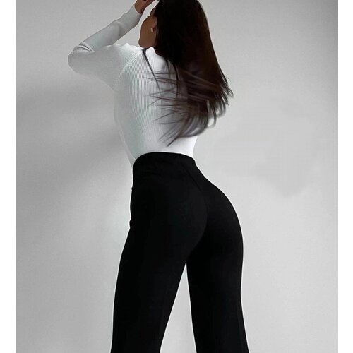 фото Брюки клеш , полуприлегающий силуэт, классический стиль, стрейч, трикотажные, размер s(42), черный ma