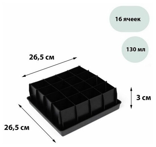 Кассета для рассады, 16 ячеек по 130 мл, с поддоном, чёрная - фотография № 1