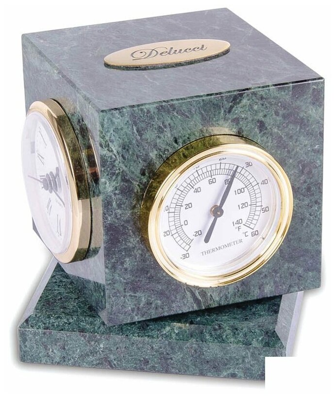 Куб вращающийся Delucci с часами, термометром, гигрометром, зеленый мрамор (MBm_00006)
