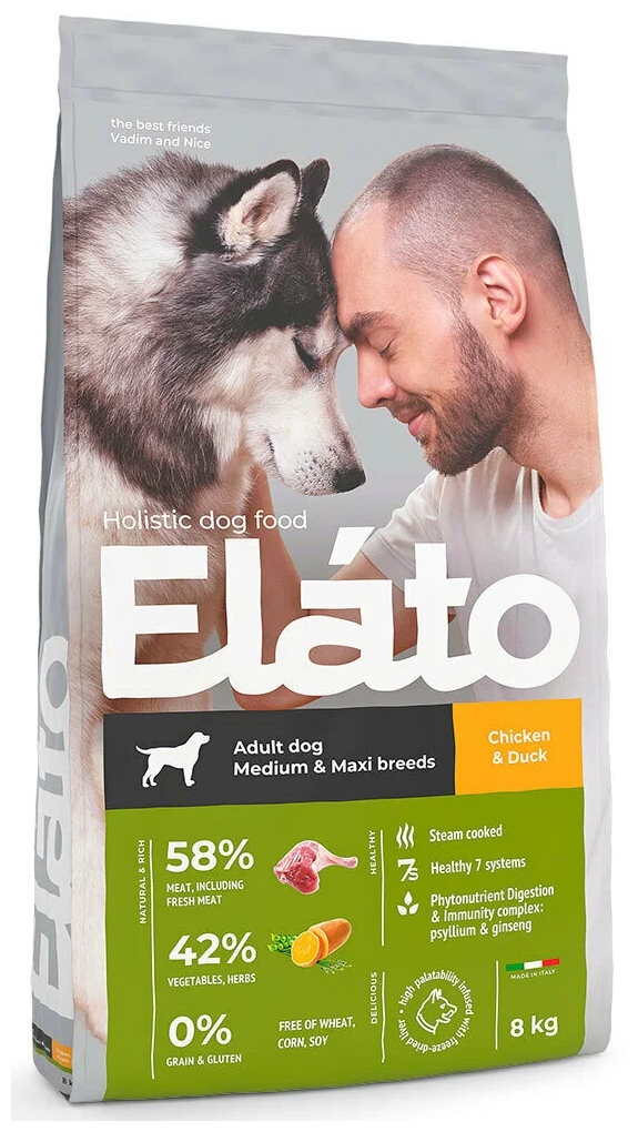 Сухой корм для взрослых собак средних и крупных пород Elato Holistic с курицей и уткой 8 кг (для средних и крупных пород)