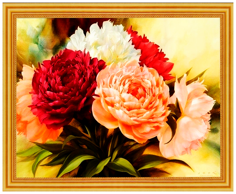 Алмазная мозаика на подрамнике/ Картина стразами / "Букет пионов" 30х40 см 23 цветов
