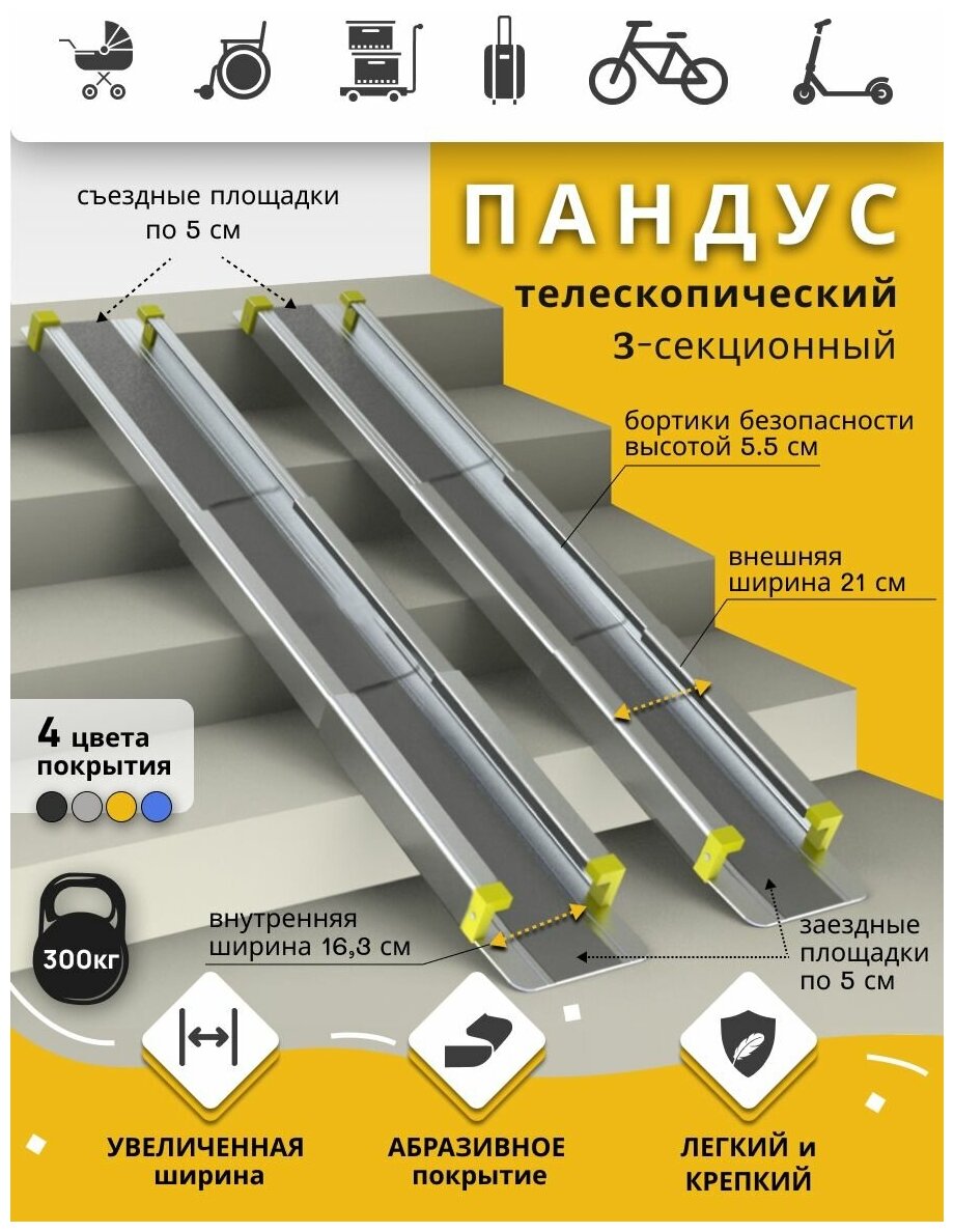 Пандус телескопический 3-секционный Ретайл Антислип 150 см, серый (рабочая длина 140 см + 2 опор. площадки по 5 см), переносной для детских колясок