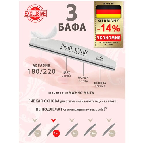 Nail Club professional Маникюрный баф для шлифовки ногтей серый, серия Salon, форма лодка, абразив 180/220, 3 шт.