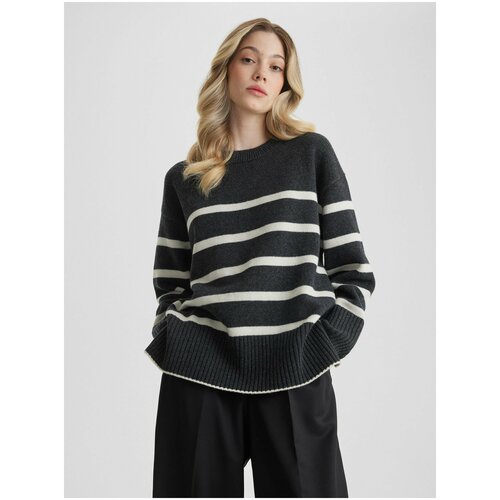 Джемпер look7, длинный рукав, свободный силуэт, вязаный, размер M/L, серый, экрю