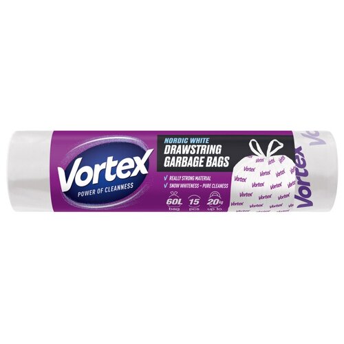 Мешки для мусора Vortex с затяжкой 60 л, 15 шт., белый с принтом