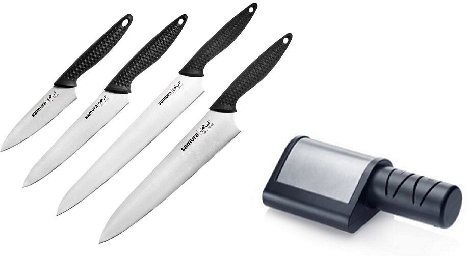 SG-0240ЭЛТ набор из 4-Х ножей SAMURA GOLF овощной, универсальный, слайсер, Шеф и электроточилка