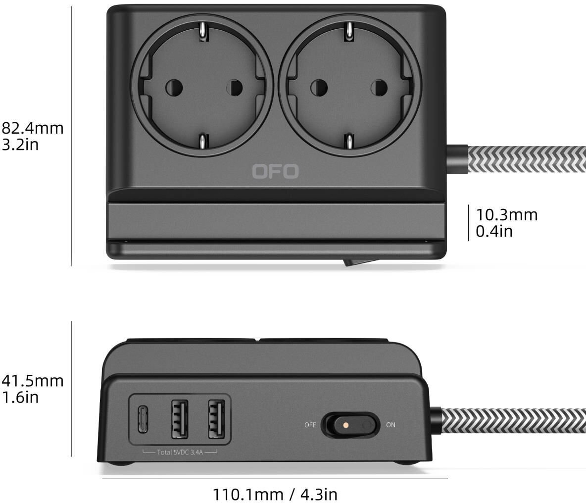 Сетевой фильтр OFOPRO (Чёрный), удлинитель электрический бытовой, 2 гнезда-розетки, с/з, 2 USB, 1 USB TYPE C, 1.5м, 10А/2500Вт