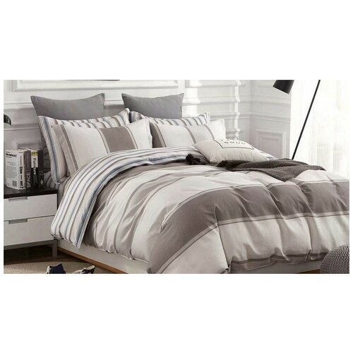 фото Постельное белье семейное valtery c-306, сатин, 4 наволочки: 50 х 70 и 70 х 70 см, бежевый/серый