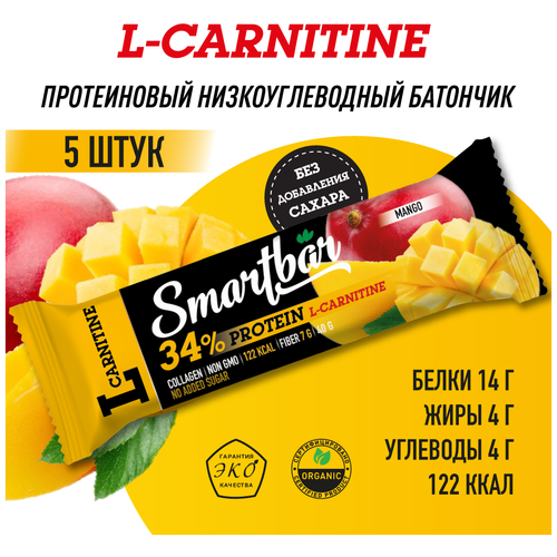 Батончик протеиновый Smartbar Protein L-carnitine "Манго" с L-карнитином, 5 шт. х 40 г.