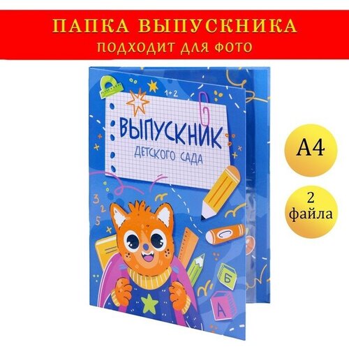 Папка с двумя файлами А4 Выпускник детского сада! котенок, синий фон