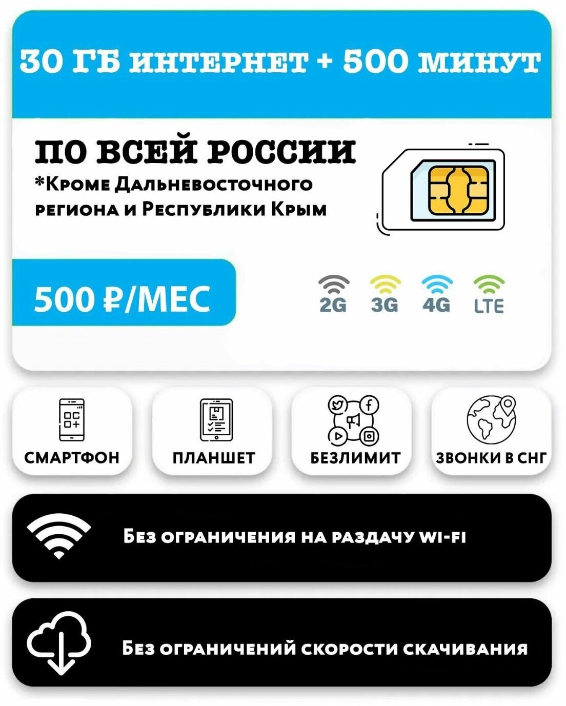 SIM-карта Йота (Yota) 30 гб интернет 3G/4G + 500 минут по РФ + выгодные звонки в СНГ (Вся Россия)