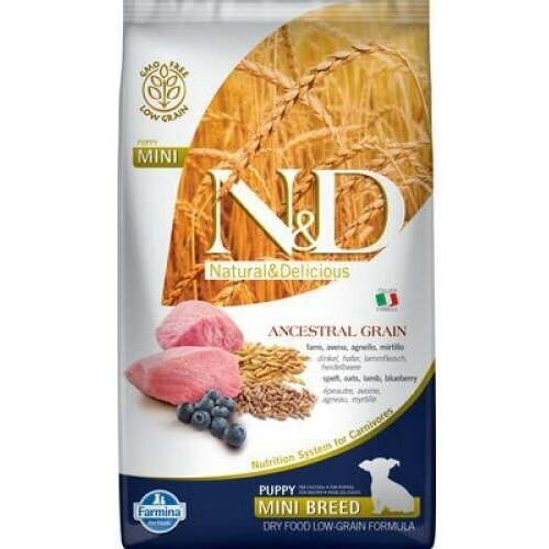 Сухой низкозерновой корм для собак мелких пород Farmina N&D Dog Ancestral Grain Dog Mini с ягненком и черникой 2,5 кг.
