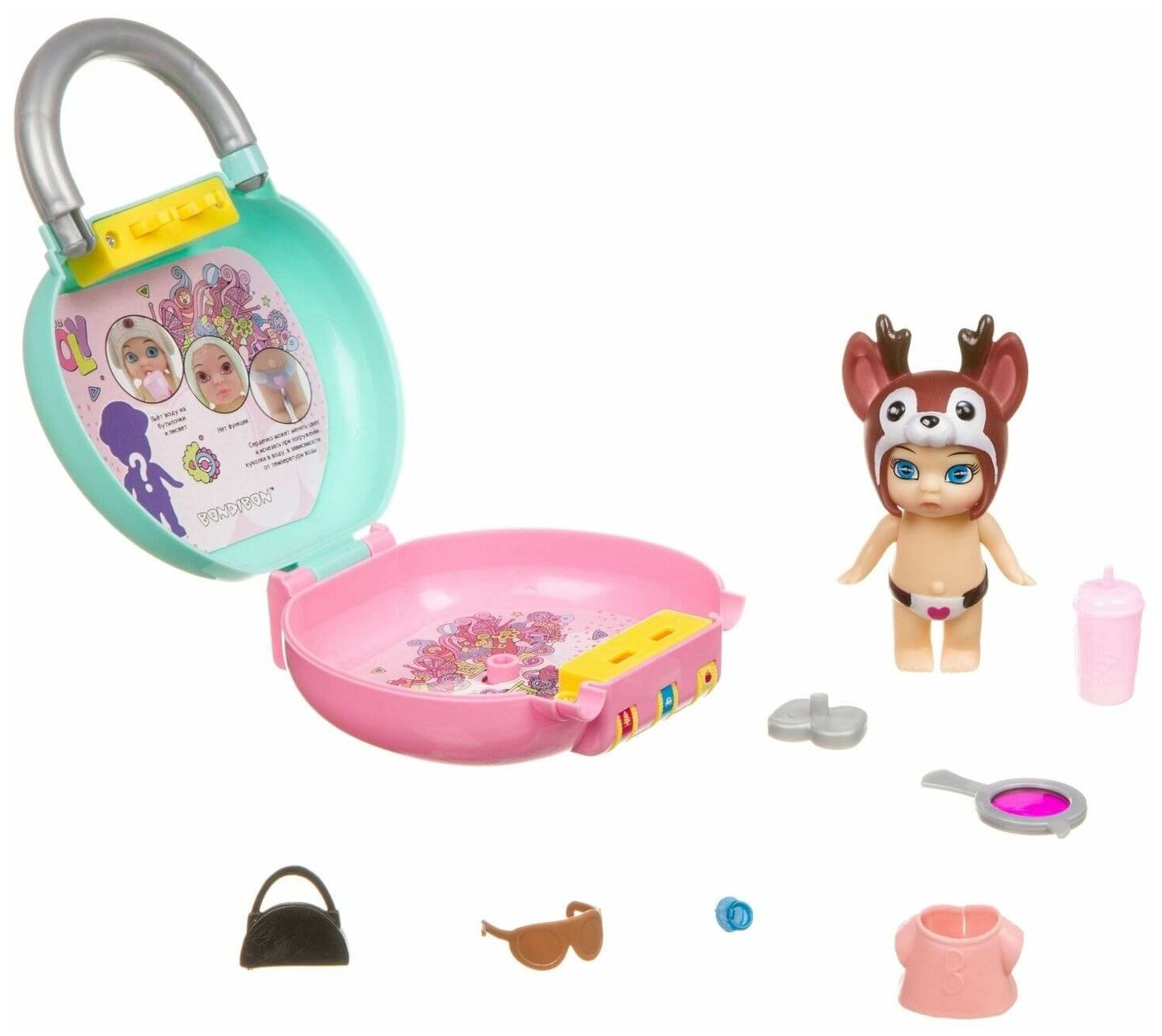 Набор игровой Bondibon куколка OLY в шапочке с животным и аксессуарами в чемоданчике на кодовом зам, арт. ВВ3870