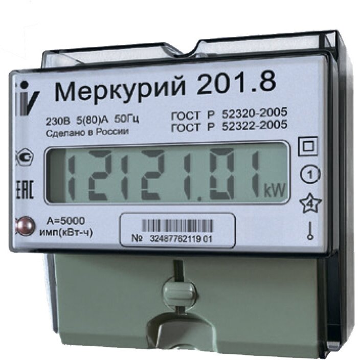 Счетчик электроэнергии Меркурий 201.8 10(80)А однофазный однотарифный ЖК на DIN-рейку