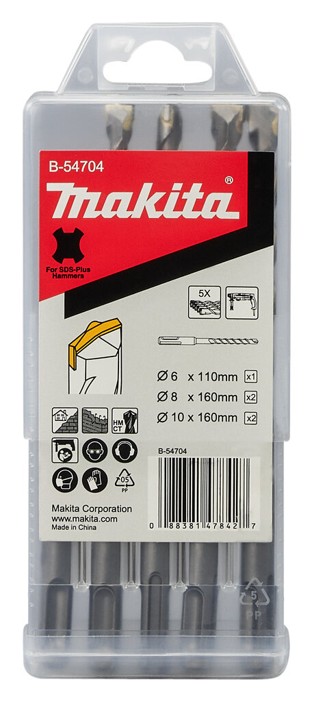 Набор буров Makita SDS-Plus Centering tip, 5 шт. (6×110x1, 8×160×2, 10×160×2), B-54704