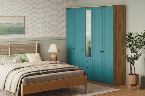 Изображение товара Шкаф распашной МебельЛэнд24 София РАХ - 17 МДФ Аквамарин 200x60x240 синий для одежды пятидверный с 3 ящиками с зеркалом