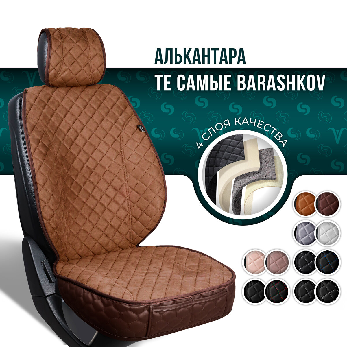 BARASHKOV/ Накидка на сиденье автомобиля из алькантары с боками и юбкой. Модель XL/ Коричневый