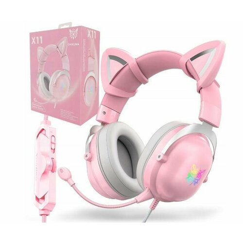 Игровые наушники проводные с микрофоном Onikuma X11 съемные ушки RGB подсветка розовый 777500₽