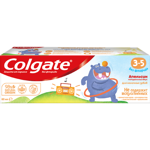 Зубная паста детская COLGATE Kids со вкусом апельсина, защита от кариеса без фтора, 3–5 лет, 60мл зубная паста детская 3 5 защита от кариеса с фторидом для детей от 3 до 5 лет со вкусом клубники 60мл