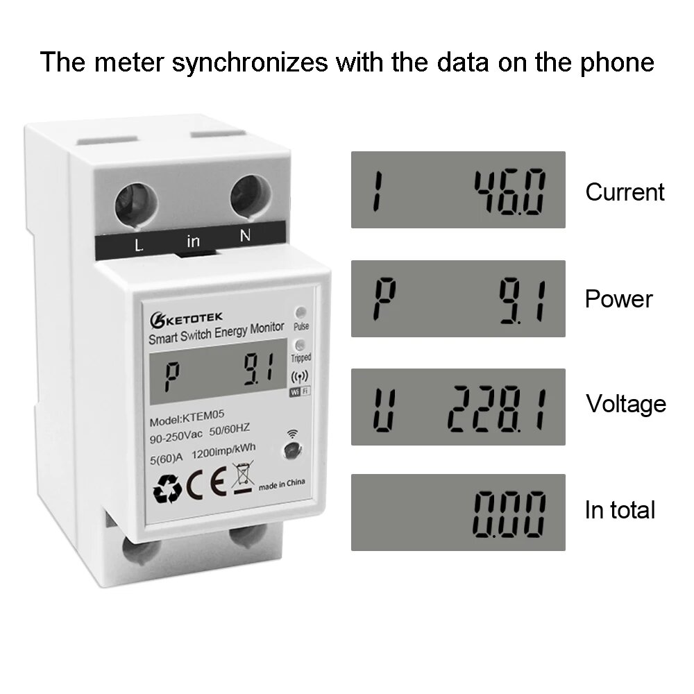 Изображение KETOTEK DIN-рейка WIFI умный счетчик энергии 220В, 220V 50HZ 63A