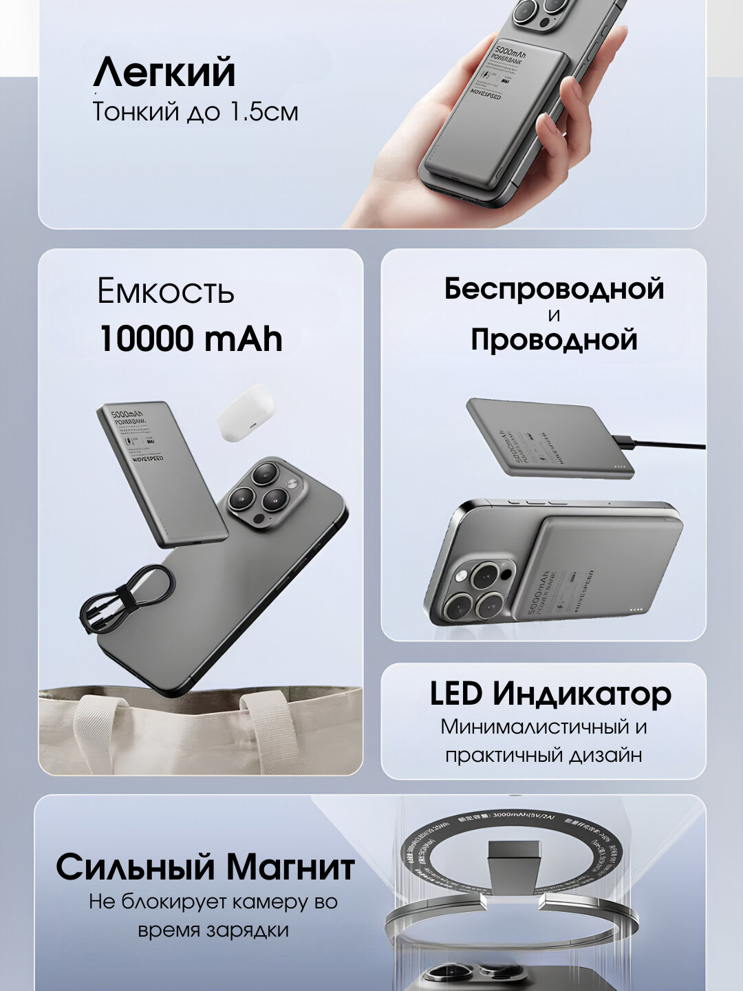 Портативный аккумулятор, MagCharge MagSafe, алюминиевый корпус, 10000мАч — фото 1