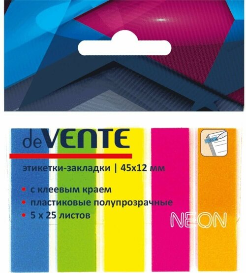 Набор самоклеящихся закладок deVENTE пластиковые 45*12мм, 5*25л, неоновые цвета 2011307 / набор 24шт