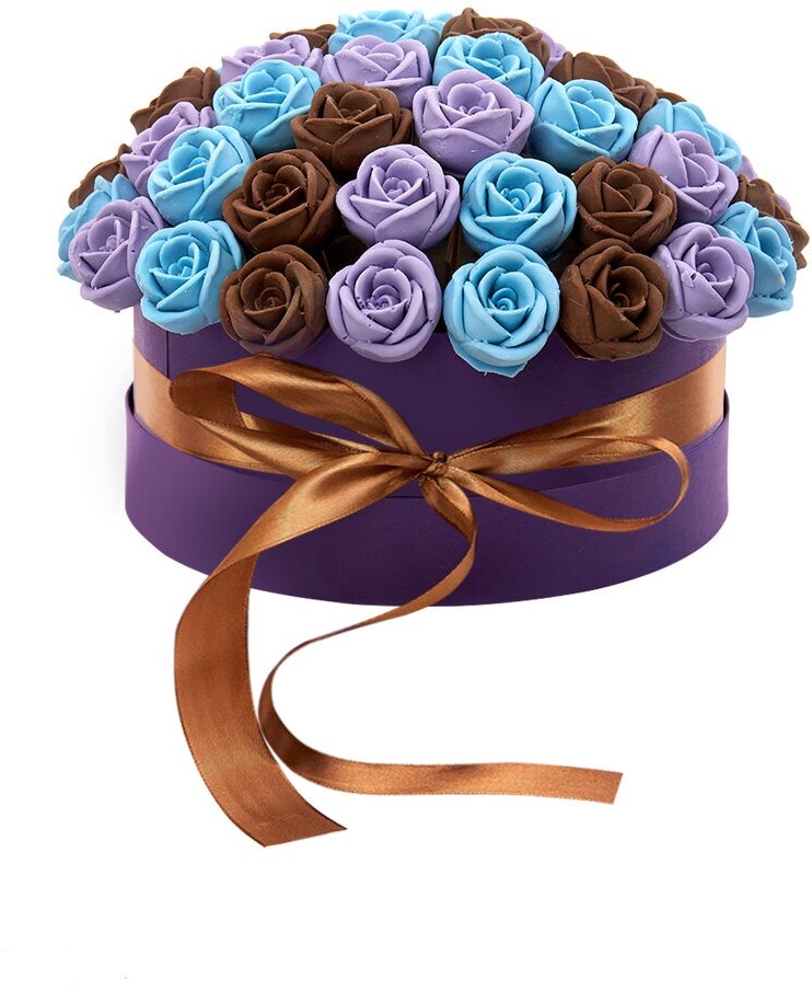 Розы из шоколада 101 шт. CHOCO STORY в Фиолетовой Шляпной коробке: Голубой, Фиолетовый и Шоколадный Бельгийский шоколад, 1212 гр. SH101-F-GFSH