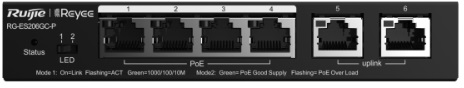 Коммутатор Reyee 6-Port Gigabit Smart POE Switch, 4 PoE/POE+ Ports with 2 Gigabit RJ45 uplink ports, 54W PoE power budget, Desktop Steel Case (RG-ES206GC-P)
