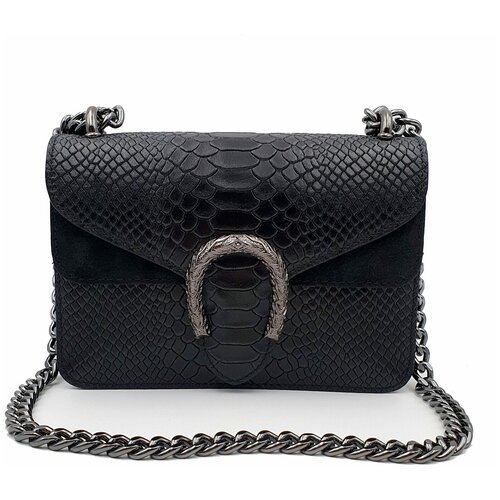 фото Сумка женская кросс-боди attraversiamo ancona, натуральная кожа черная, длинный ремень-цепочка, кожа под рептилию, маленькая