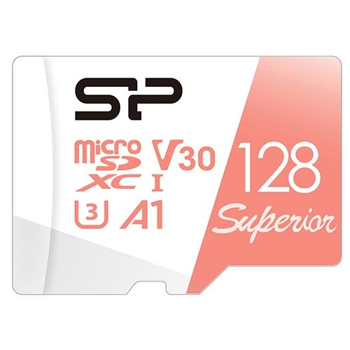 карта памяти 128gb silicon power microsd class 10 superior sp128gbstxda2v20sp с адаптером sd Карта памяти Silicon Power microSDXC 128 ГБ Class 10, V30, A1, UHS-I U3, R/W 100/80 МБ/с, 1 шт., белый/розовый