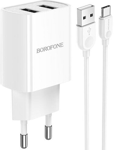 Сетевой адаптер питания Borofone BA53A Powerway White зарядка 2.1А 2 USB-порта + кабель USB-C, белый