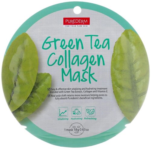 Purederm Маска коллагеновая регенерирующая с экстрактом зеленого чая, 18 г, 18 мл