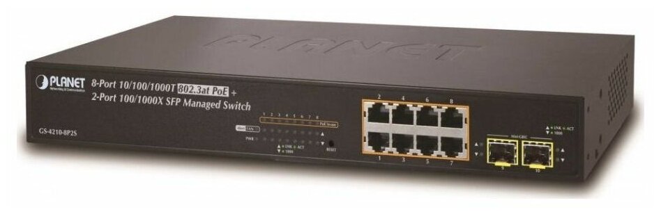 Коммутатор Planet IPv4/IPv6, 8-Port Managed 802.3at POE+ Gigabit Ethernet Switch + 2-Port 100/1000X SFP (120W)