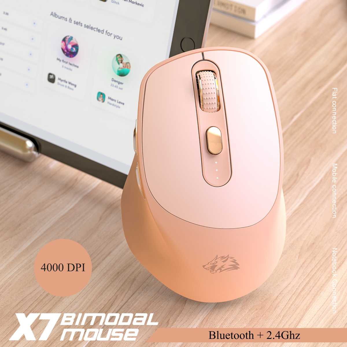 Беспроводная мышка Wolf X7 Bluetooth + 2.4G DPI 4000 компьютерная мышь для компьютера с аккумулятором mouse mice Wireless розовая