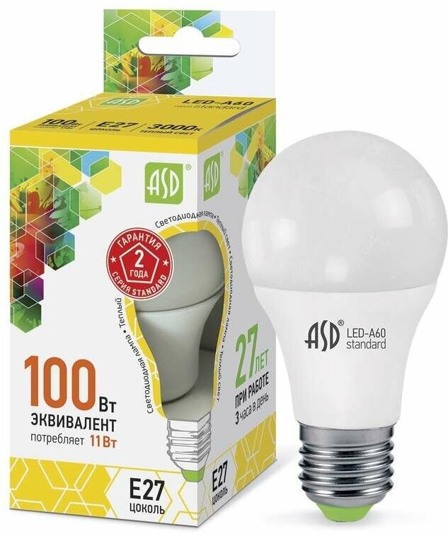 фото Лампа светодиодная LED-A60-standard 11Вт грушевидная 3000К тепл. бел. E27 990лм 160-260В ASD 4690612001739 (10шт)