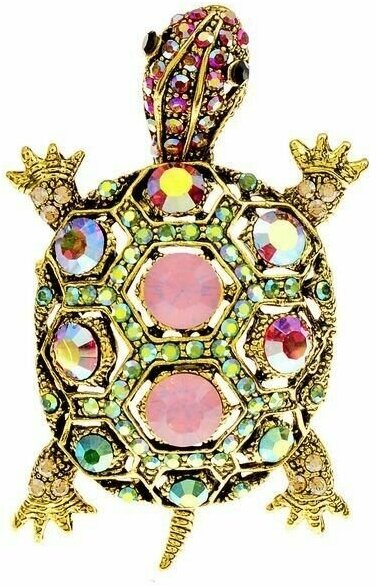 Брошь золотистая черепаха с розовыми кристаллами MiruMira 