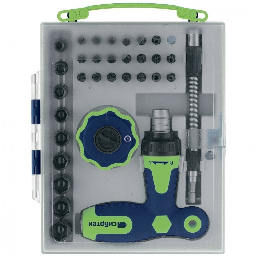 фото Отвертка Т-образная и трещотка, реверсивные с набором бит, торцевых головок, 34 предмета, CrV Сибртех 13383