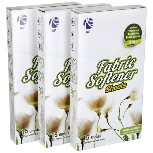 фото Xisi салфетки-кондиционер для сушки fabric softener sheets аромат нежный хлопок (набор из 3-х упаковок по 15 шт.)