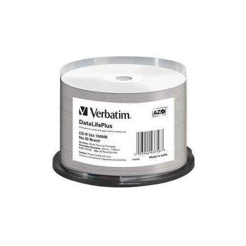 Диск CD-RVerbatim700Mb 52x DL + White Wide Thermal Printable, 50 шт. оптический диск cd r verbatim 700mb 52x cake box 100шт 43411