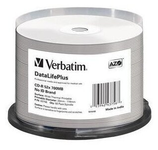 Диск CD-RVerbatim700Mb 52x DL + White Wide Thermal Printable, 50 шт.