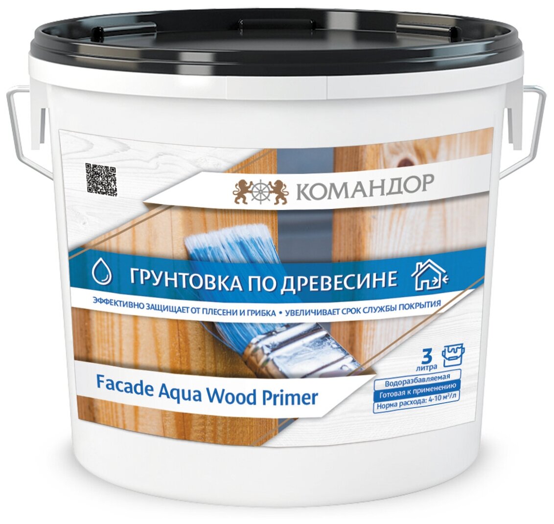 фото Грунтовка для дерева KOMANDOR FACADE AQUA WOOD PRIMER 3л , Бесцветный