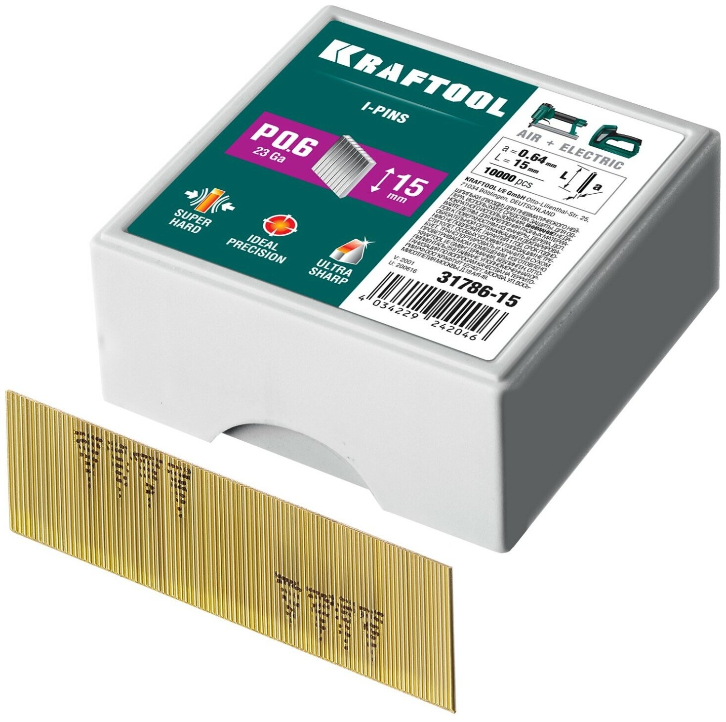 KRAFTOOL тип 23GA (P0.6) 15 мм, 10 000 шт, шпильки для нейлера (31786-15)