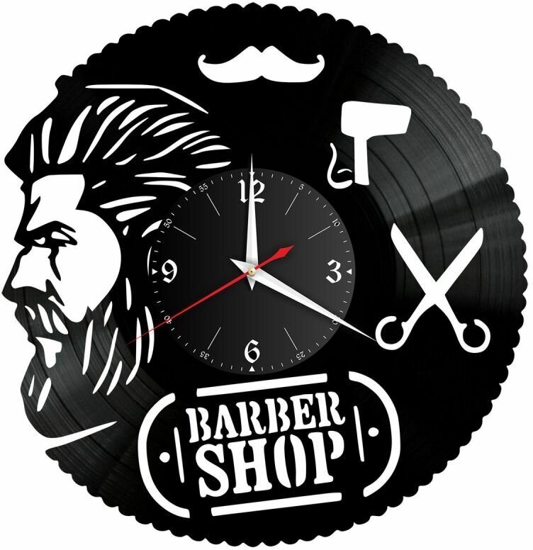 Часы из винила Redlaser "Парикмахерская (Барбершоп), Barber Shop, ножницы, фен, бритва, усы" VW-10633