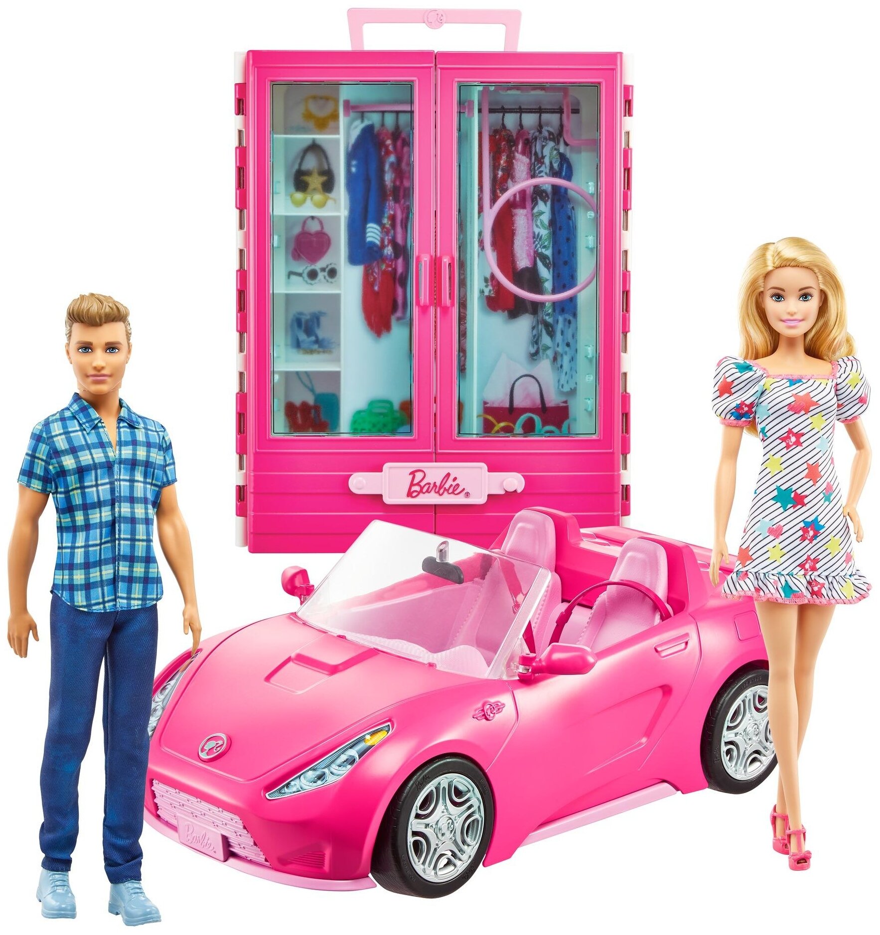 Набор Barbie и Кен с гардеробом и розовым кабриолетом, 29 см, GVK05 разноцветный