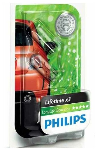 Лампа автомобильная накаливания Philips LongLife EcoVision 12961LLECOB2 12V 5W W2.1×9.5d 3100K 2 шт.