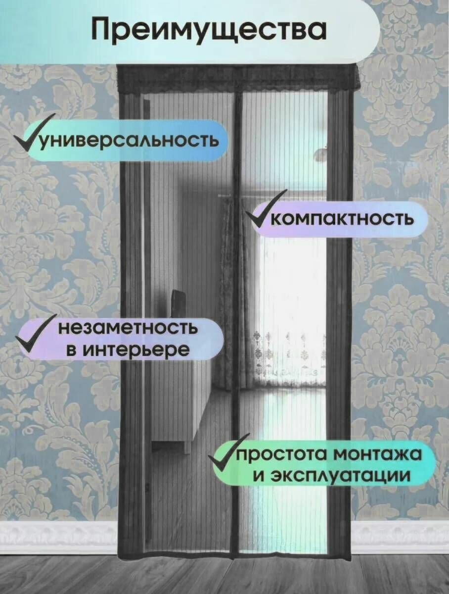 Дверная москитная (антимоскитная) сетка на магнитах, 100х210 см., черный - фотография № 3