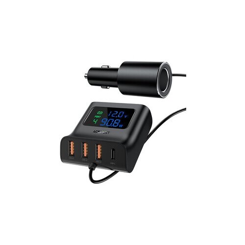 Хаб автомобильный ACEFAST B8 digital display car HUB charger с цифровым дисплеем и функцией подзарядки. Цвет: черный